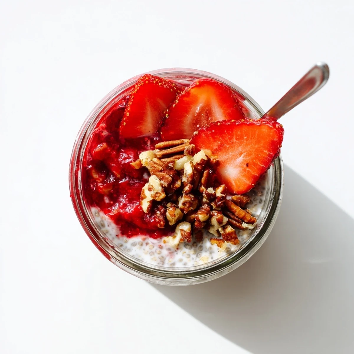 Vertical parfait displaying white chia pudding, ruby red strawberry layers, and brown almond oat crumble topping