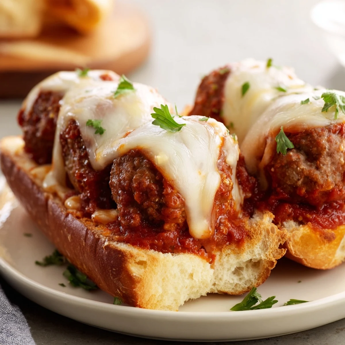 Delicious cheesy meatball subs featuring juicy beef meatballs nestled in garlic butter toasted rolls with bubbly cheese topping
