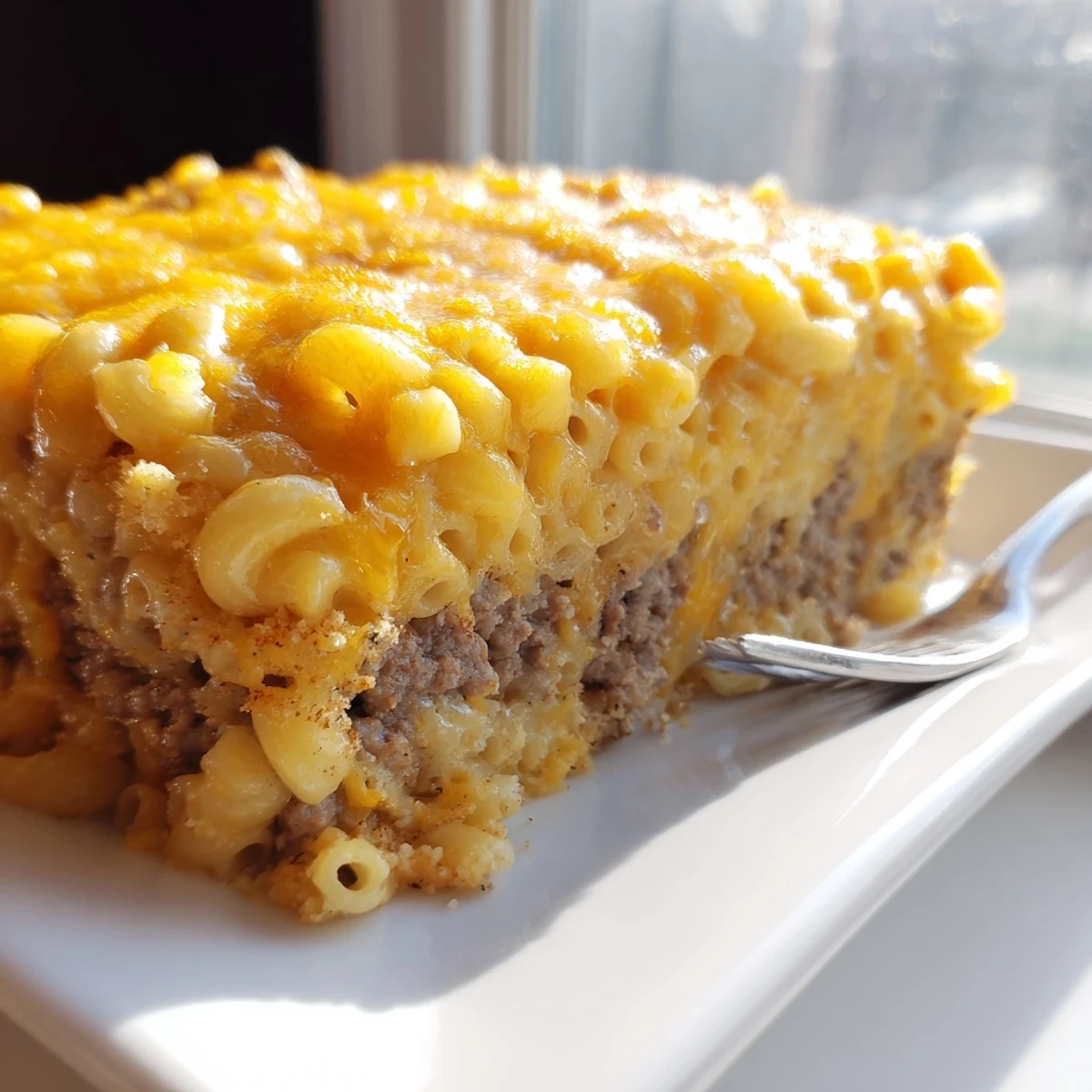 Hearty Mac and Cheese Meatloaf Casserole served steaming hot with a creamy, cheesy interior