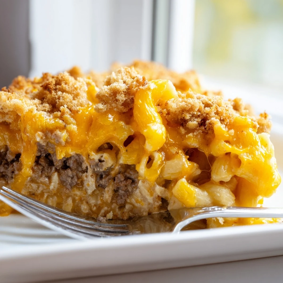 Golden-baked Mac and Cheese Meatloaf Casserole topped with melted cheddar and crispy breadcrumbs