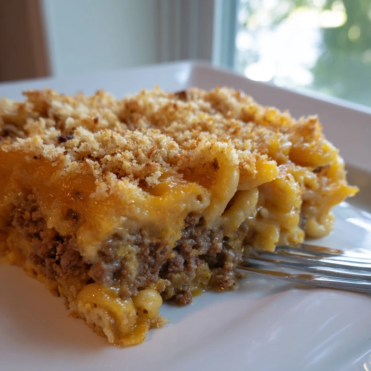 Sliced Mac and Cheese Meatloaf Casserole showing layers of beef and cheesy macaroni baked together