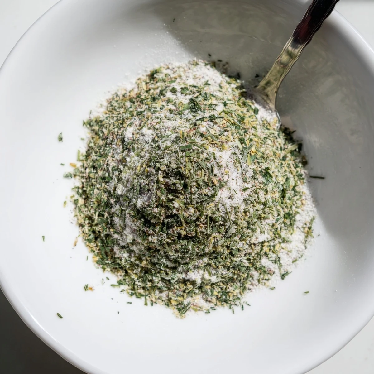 Spoonful of Dehydrated Tzatziki Seasoning Mix ready to stir into yogurt