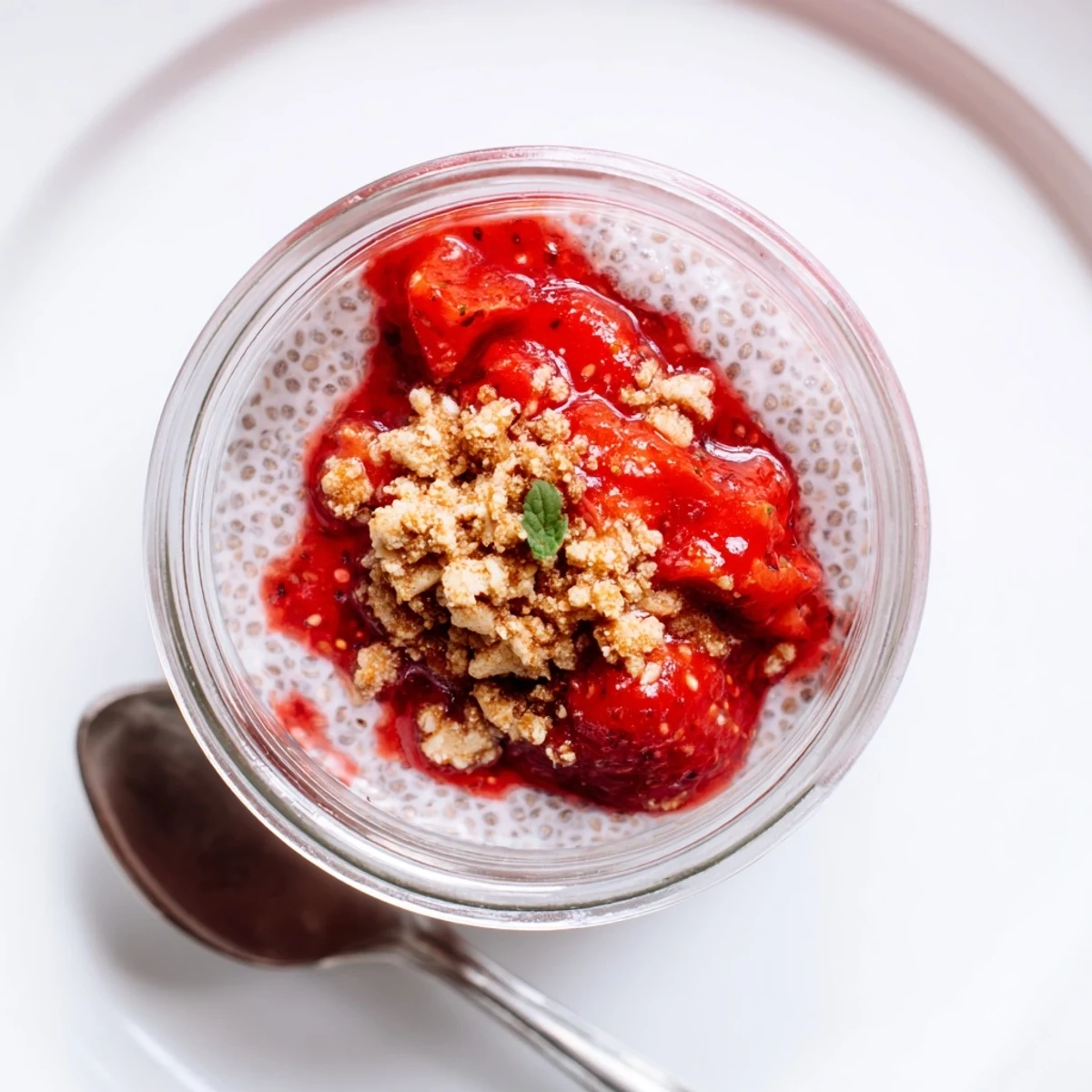 Strawberry Crumble Chia Pudding in jar, creamy chia, bright berry compote