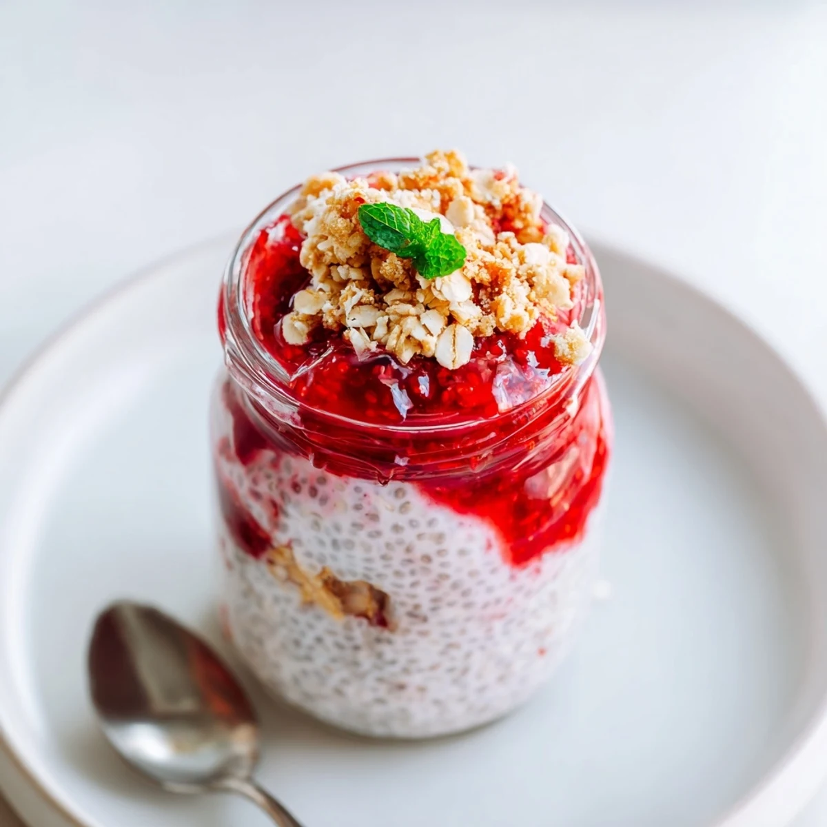 Chilled Strawberry Crumble Chia Pudding topped with golden oat crumble, fresh strawberries