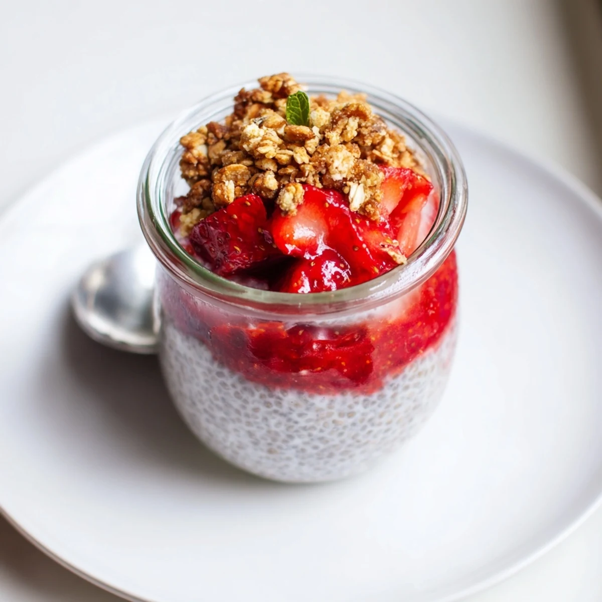 Layered Strawberry Crumble Chia Pudding served with tangy lemon-macerated strawberries, mint