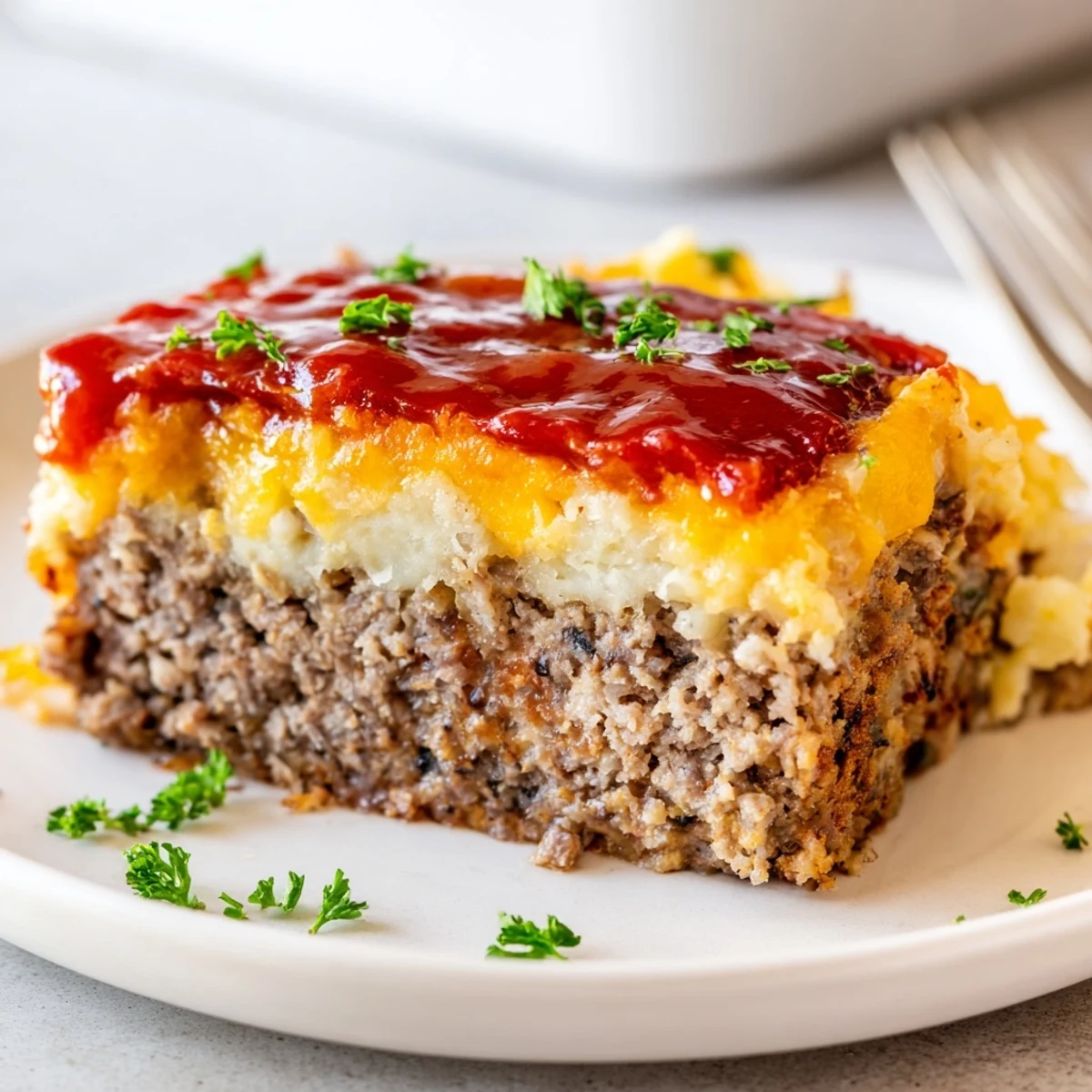 Meatloaf Casserole with golden cheddar, bubbling edges, and creamy mashed potato topping