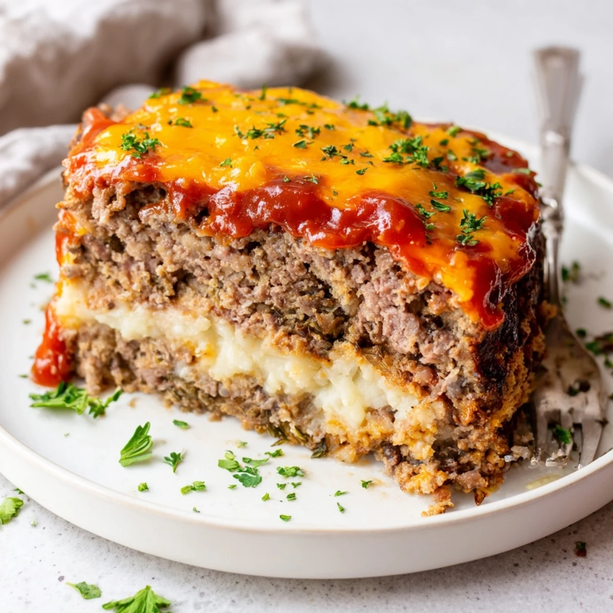 Hearty Meatloaf Casserole, steaming from oven, cheesy top and savory beef