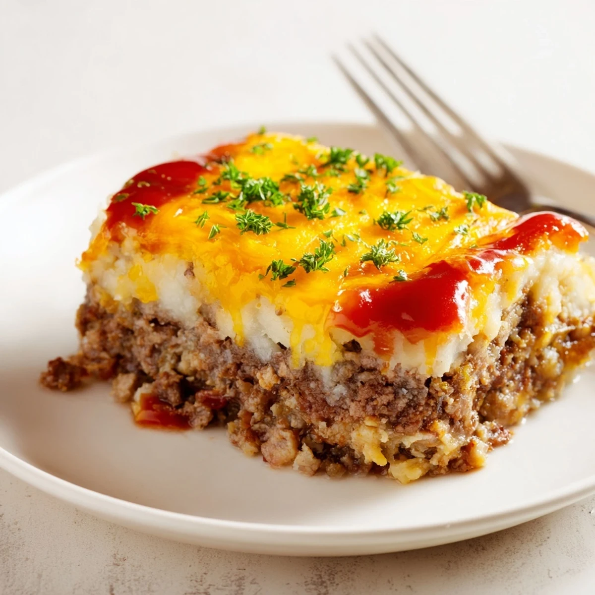 Slice of Meatloaf Casserole on plate, fork-ready, savory glaze and parsley