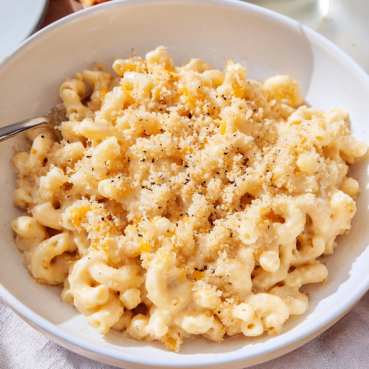 Creamy Mac And Cheese steaming in a casserole dish, golden breadcrumb topping