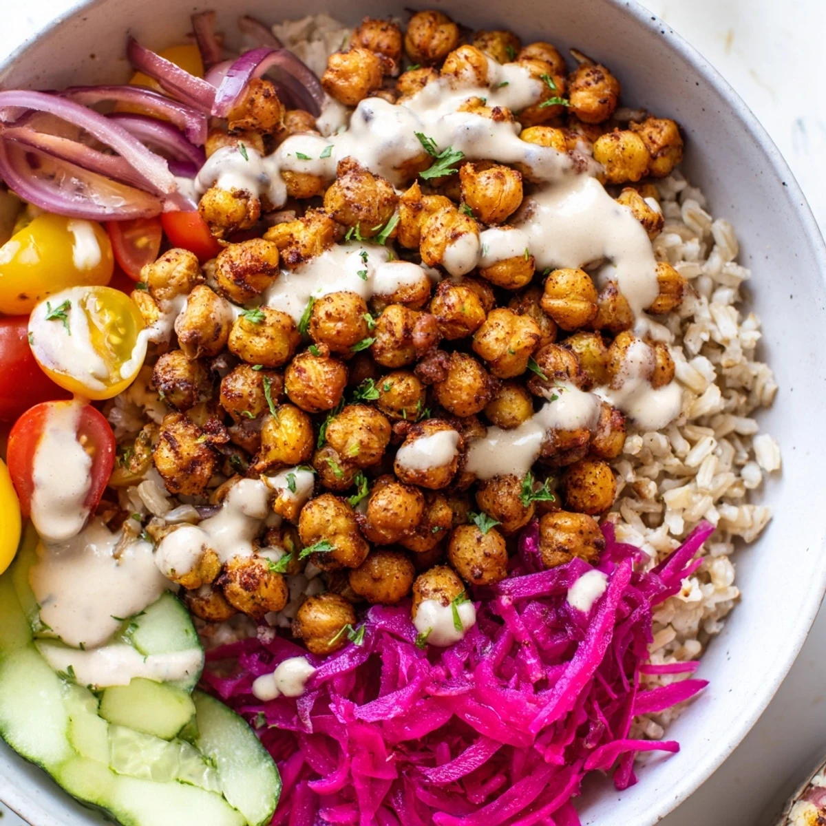Golden roasted chickpea shawarma bowl nestled on fluffy rice with tangy pickled cabbage
