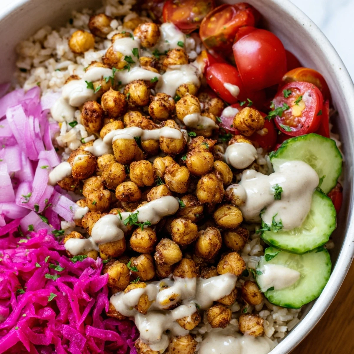 Crispy spiced chickpea shawarma bowl drizzled with creamy tahini over colorful fresh vegetables
