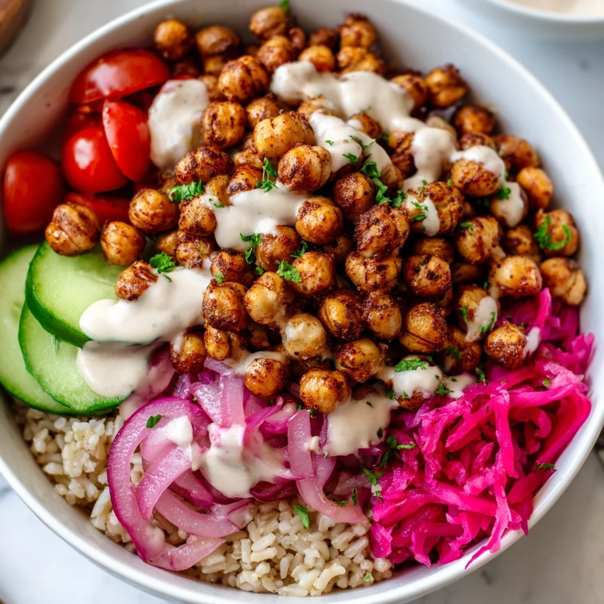 Vibrant chickpea shawarma bowl topped with juicy tomatoes, crisp cucumber, and smooth tahini sauce