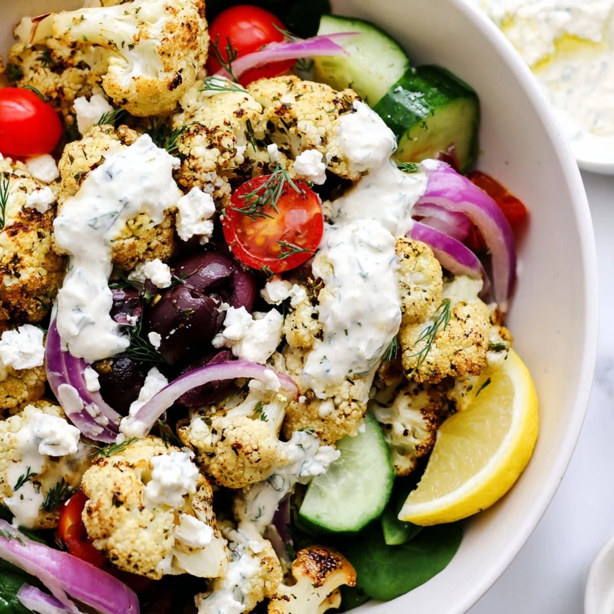 Golden roasted Greek cauliflower bowl topped with feta, olives, and fresh vegetables
