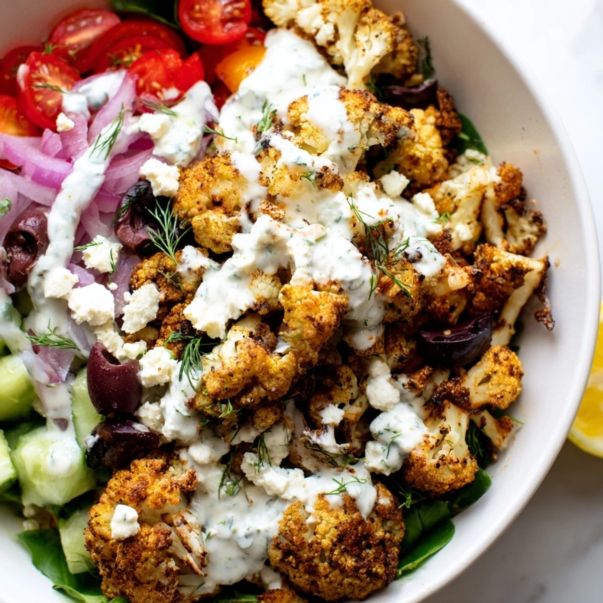 Vibrant Greek cauliflower bowl with tzatziki drizzle over warm spiced roasted florets