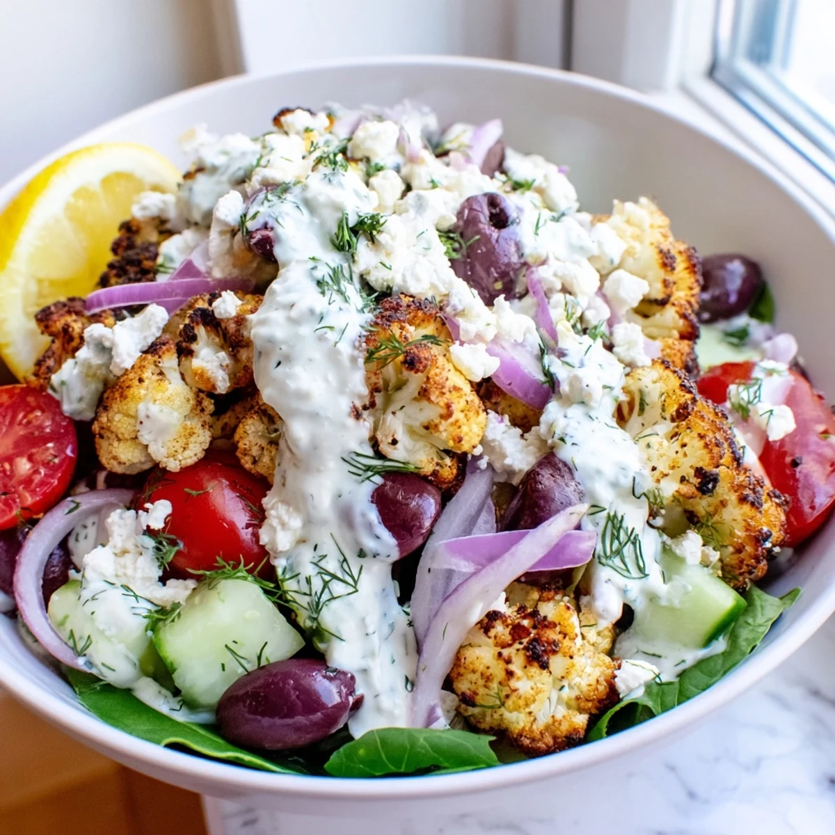 Hearty Greek cauliflower bowl served with creamy tzatziki, tangy feta, and lemon wedges