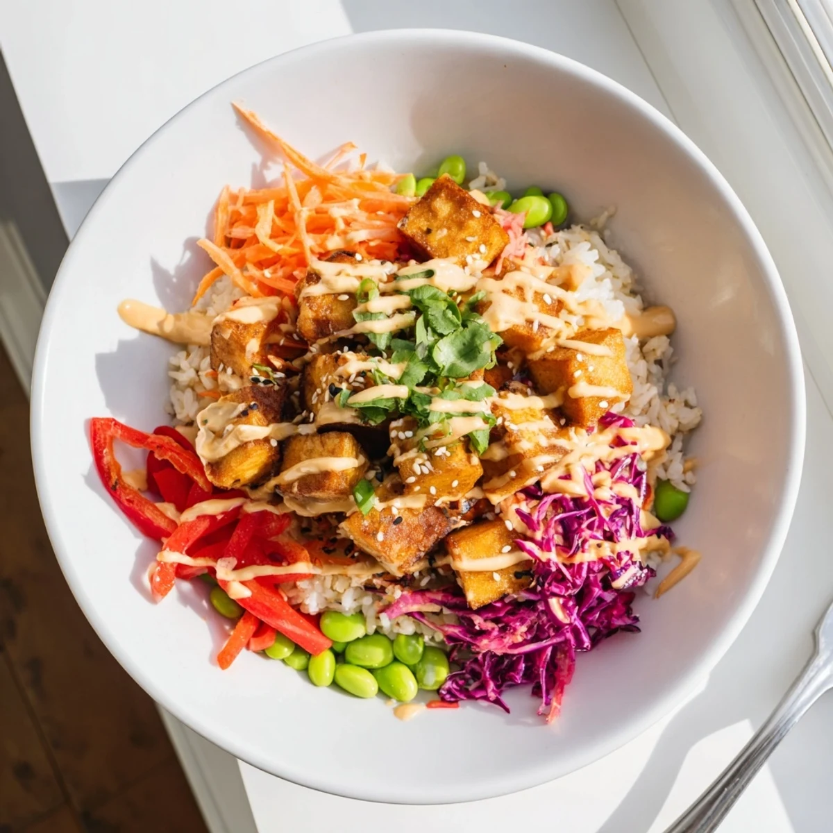 Crispy golden tofu rice bowl with peanut sauce drizzled over fresh colorful vegetables