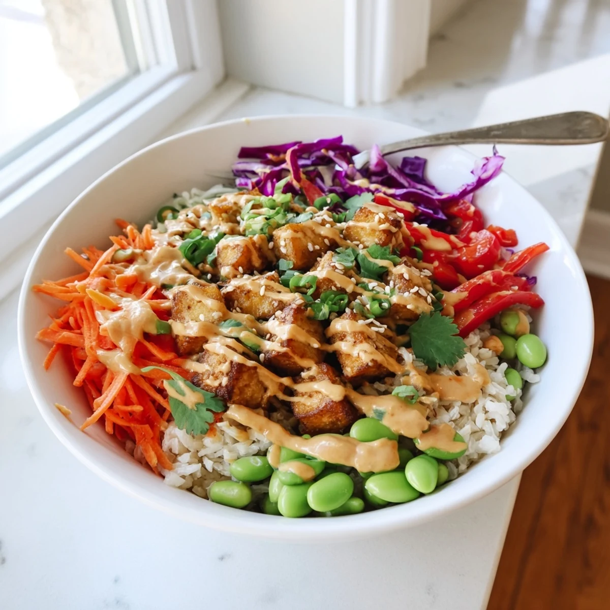 Steaming tofu rice bowl topped with creamy peanut sauce and crunchy slaw