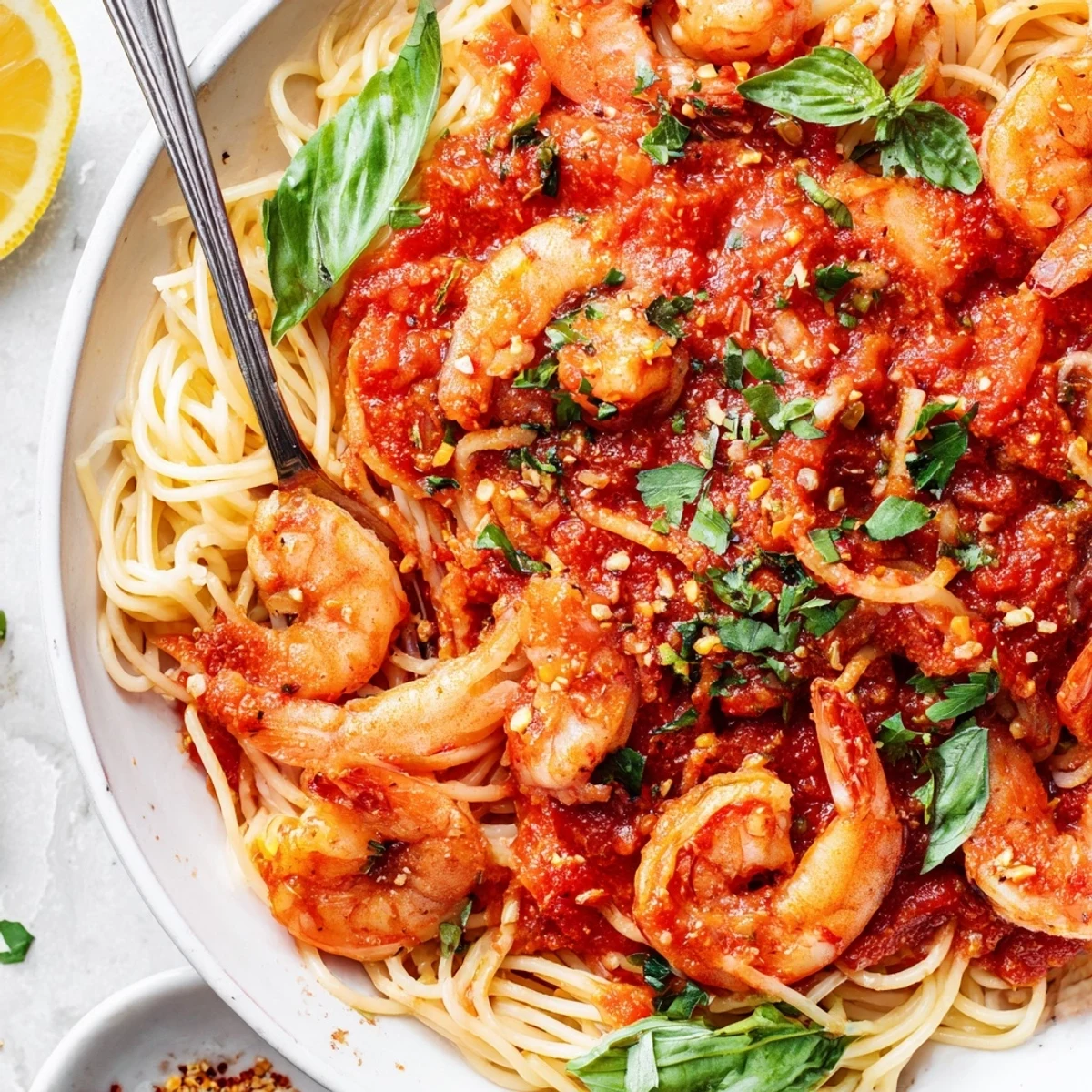 Plump shrimp simmered in a fiery red tomato sauce with fresh parsley garnish