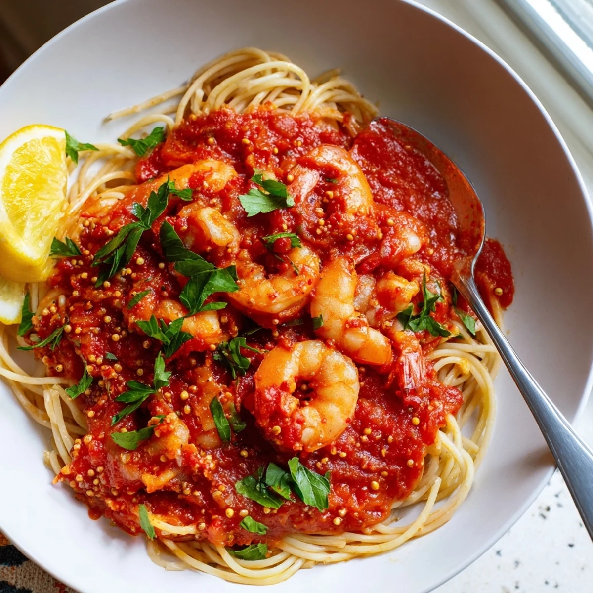 Spicy Shrimp Fra Diavolo served over steaming linguine with a vibrant crimson sauce