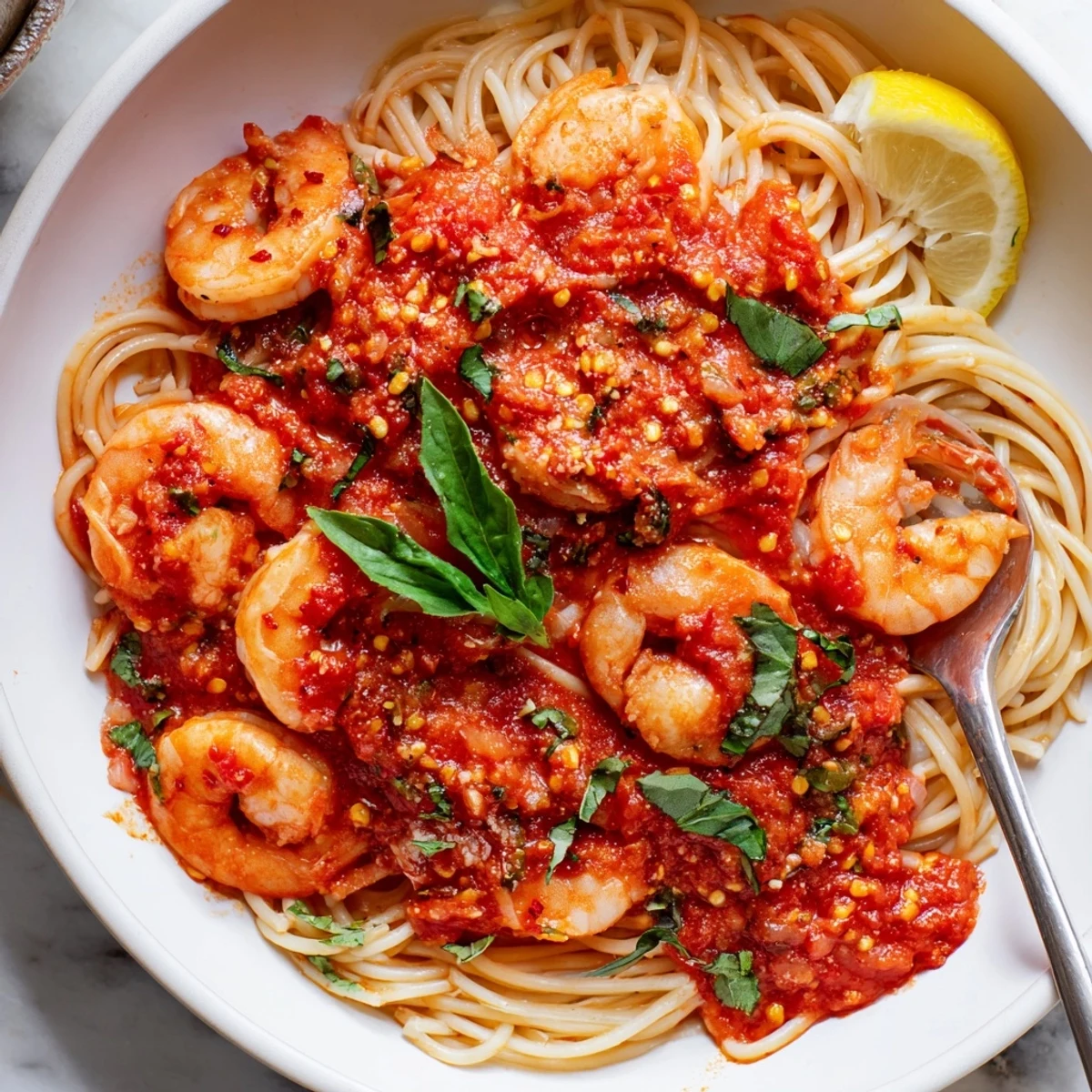 Close-up of Shrimp Fra Diavolo in a cast iron skillet garnished with lemon wedges