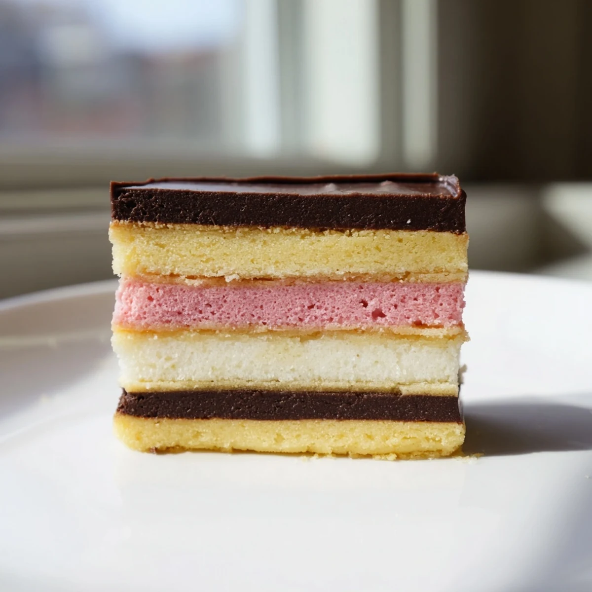 Colorful Neapolitan Cookies with chocolate, vanilla, and strawberry dough sliced and baked golden