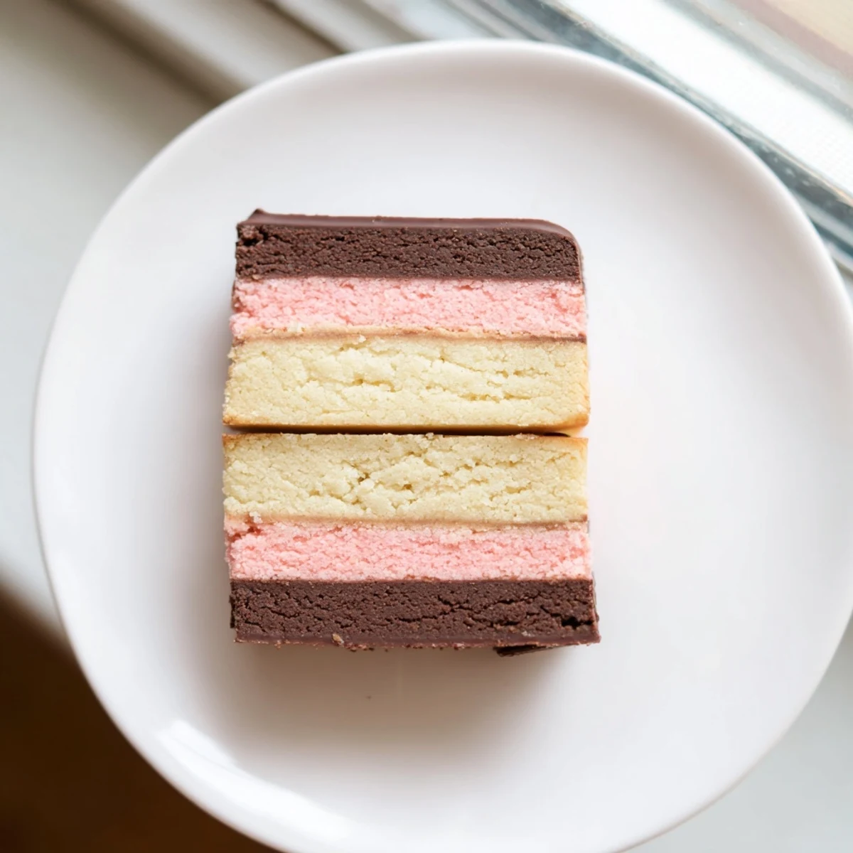 Tri-colored Neapolitan Cookies arranged on a rustic baking sheet, buttery edges lightly crisped