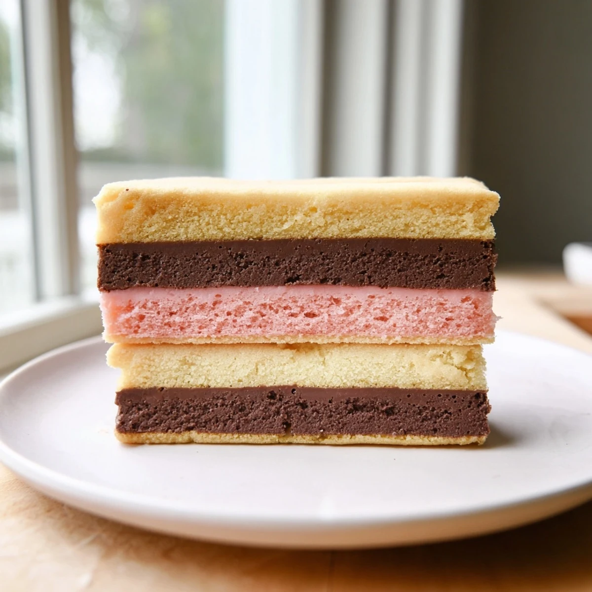 Neapolitan Cookies stacked on a wire rack, showing vibrant layered strawberry, vanilla, and chocolate