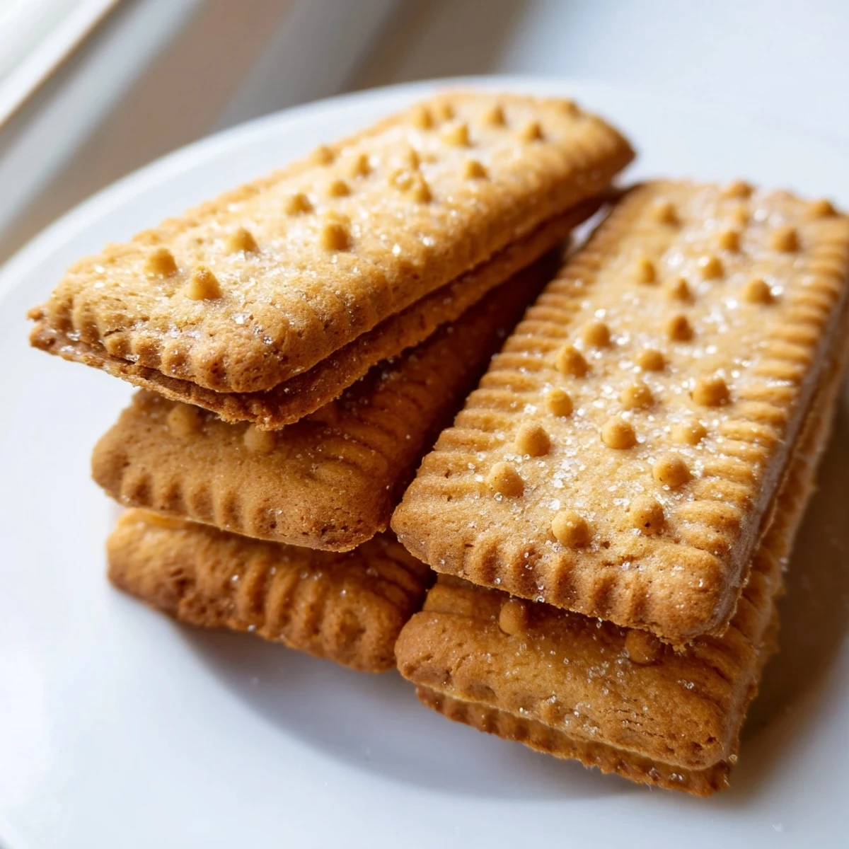 Golden Petit Beurre biscuits arranged on a rustic wooden board beside a steaming cup of tea