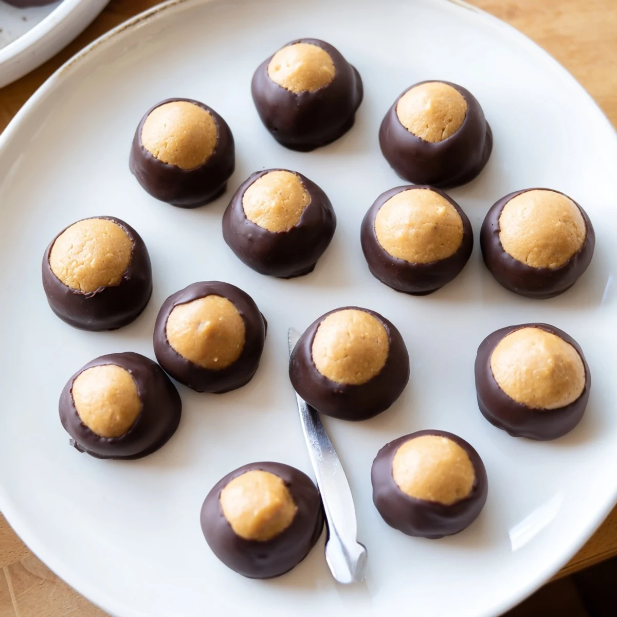 Creamy peanut butter buckeye cookies partially dipped in rich melted semisweet chocolate