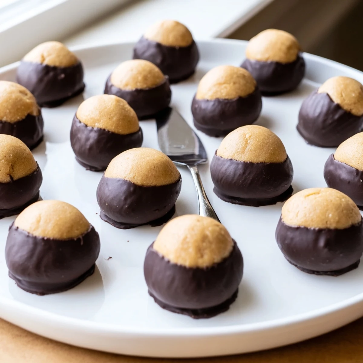 Homemade buckeye cookies arranged on parchment paper showing the classic peanut butter peek