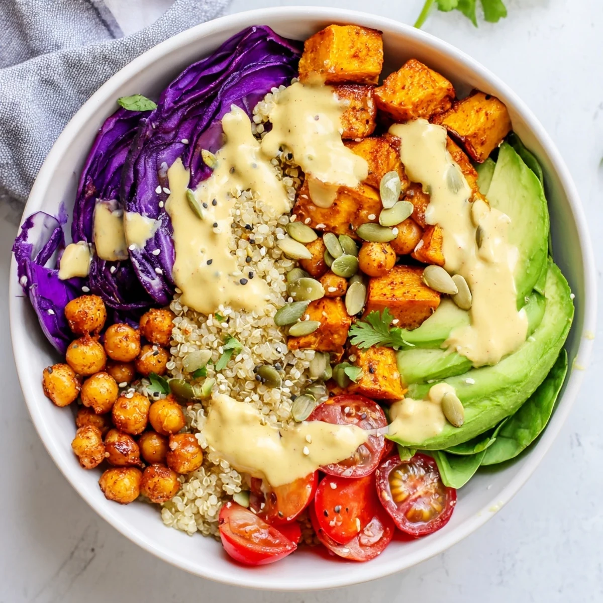 Colorful Buddha Bowl with roasted sweet potatoes, crispy chickpeas, and creamy tahini dressing