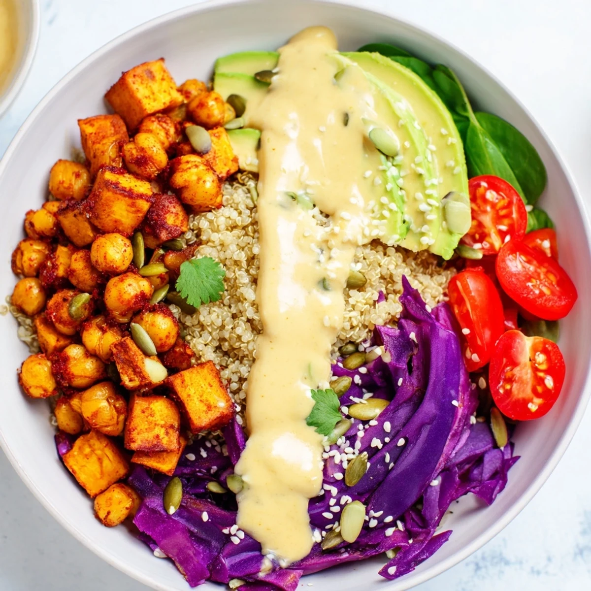 Vibrant Buddha Bowl arranged over fluffy quinoa with fresh avocado and crunchy vegetables