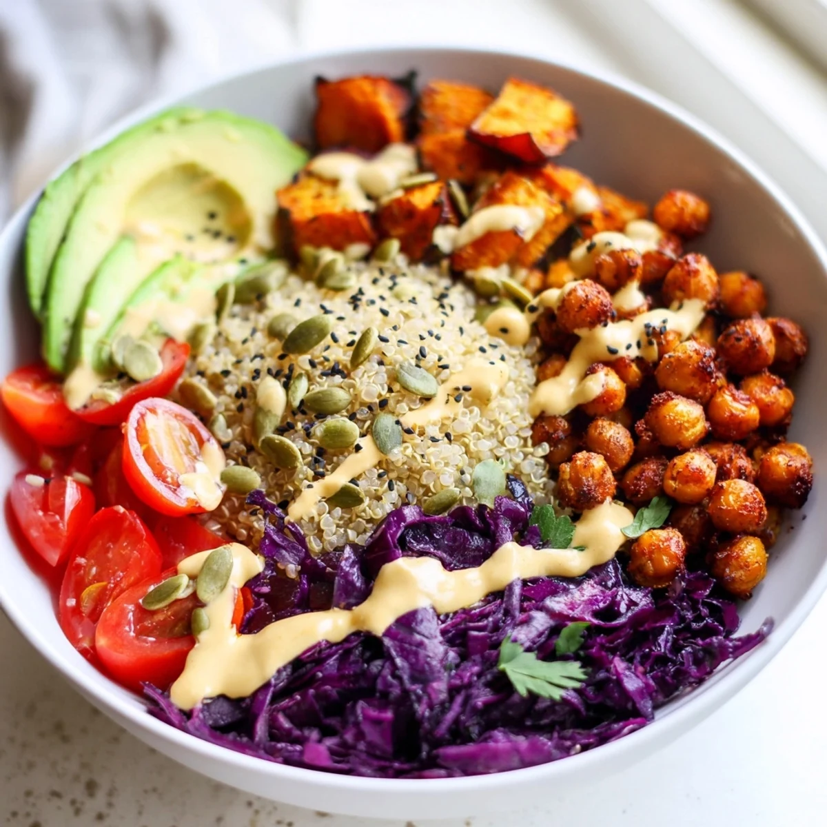 Golden roasted vegetables and spiced chickpeas fill this nourishing Buddha Bowl with tahini drizzle