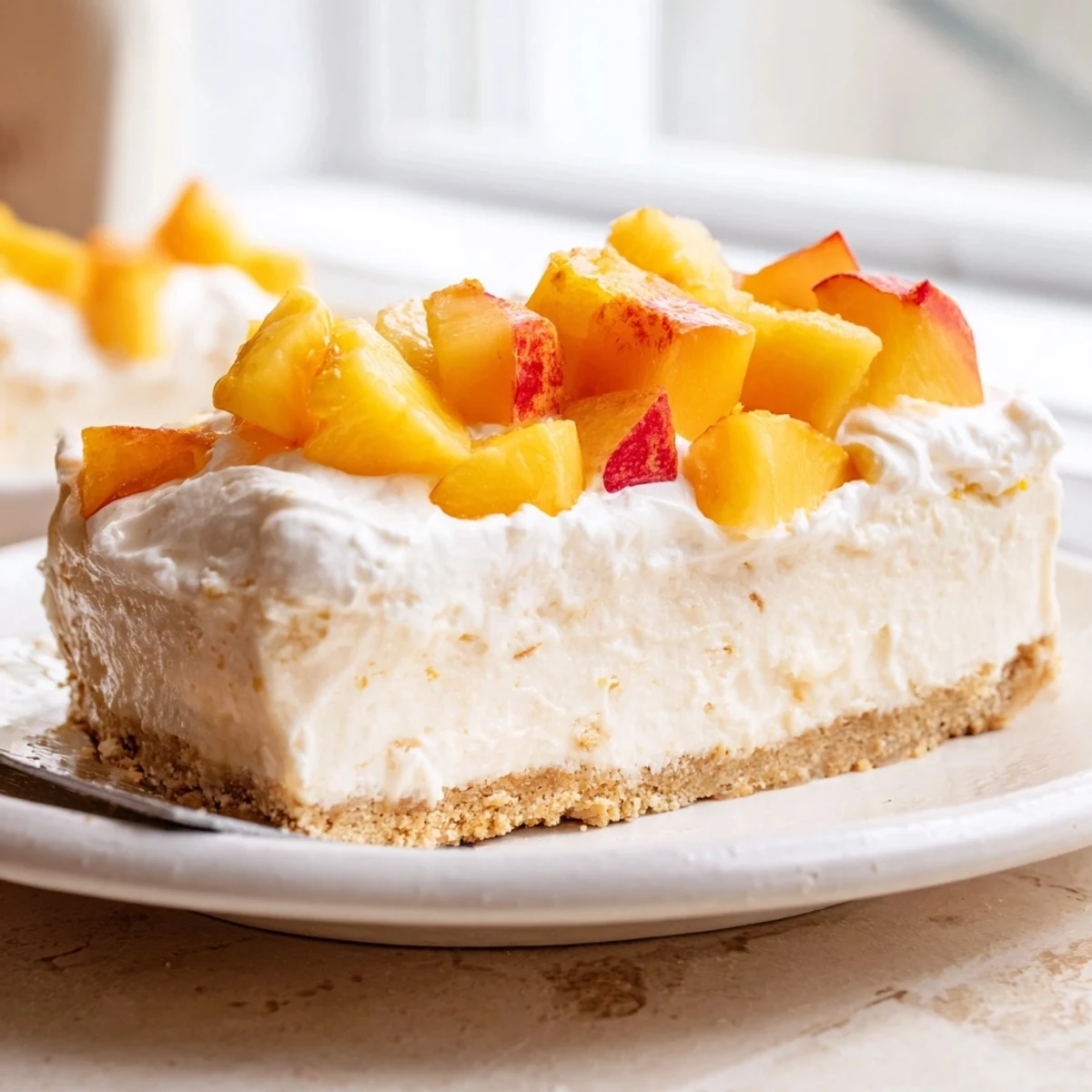Golden peaches and cream cheesecake bars sliced on a rustic summer dessert plate