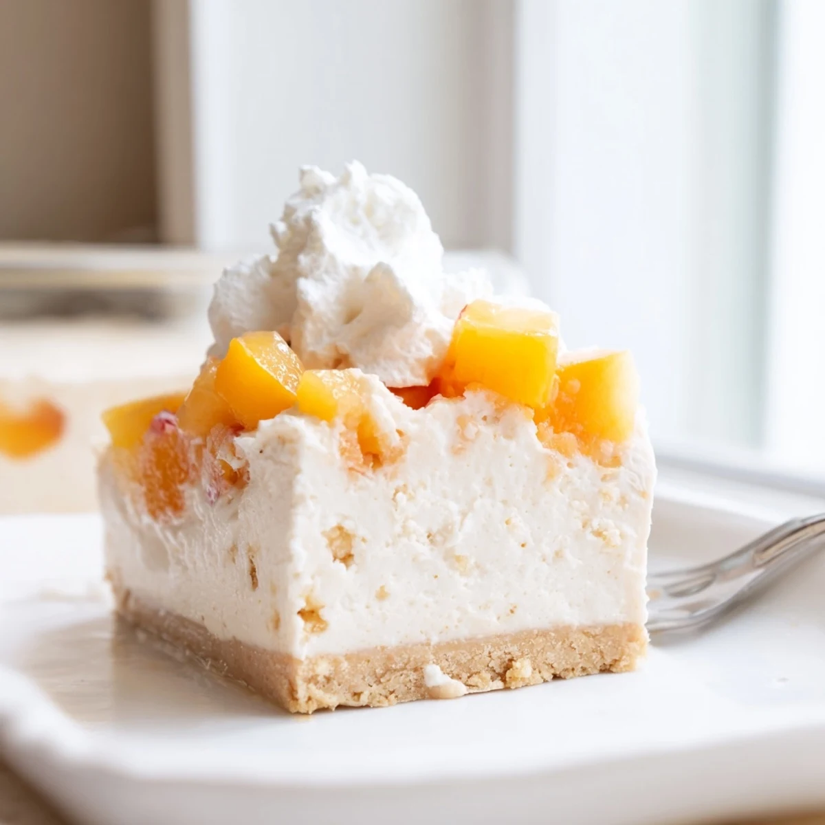 Creamy cheesecake bars topped with juicy peach chunks and whipped cream swirls
