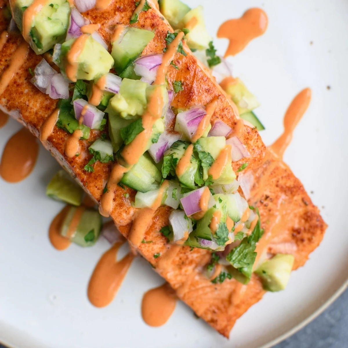 Spicy bang bang salmon topped with cool avocado cucumber salsa on a plate