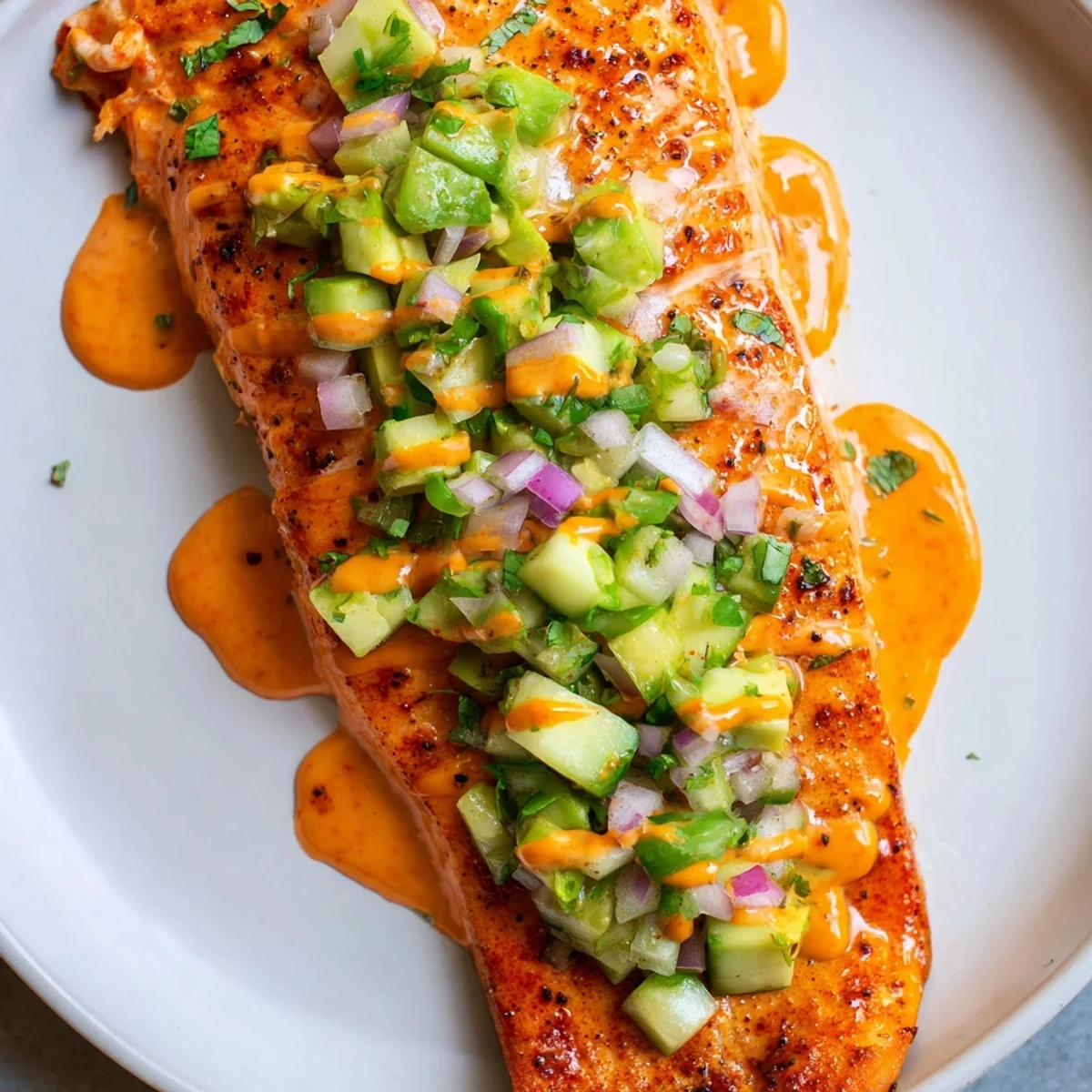 Golden baked bang bang salmon served over rice with vibrant avocado cucumber salsa