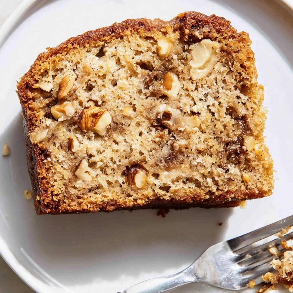 A golden banana cake slice topped with creamy frosting on a white plate