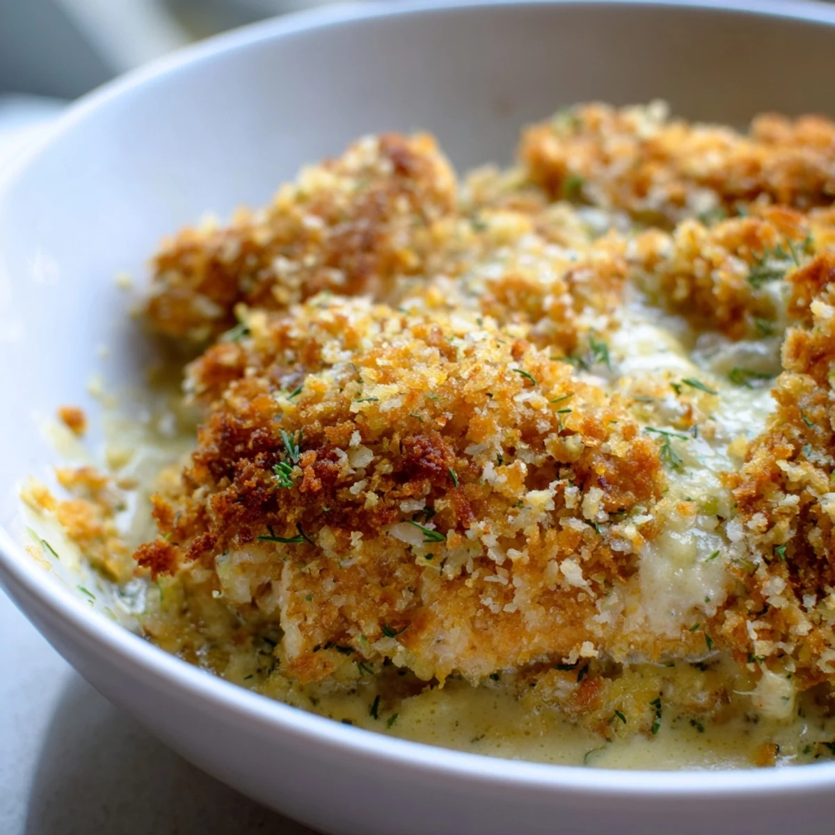Golden crispy Chicken Kiev Casserole fresh from the oven with bubbling garlic herb butter
