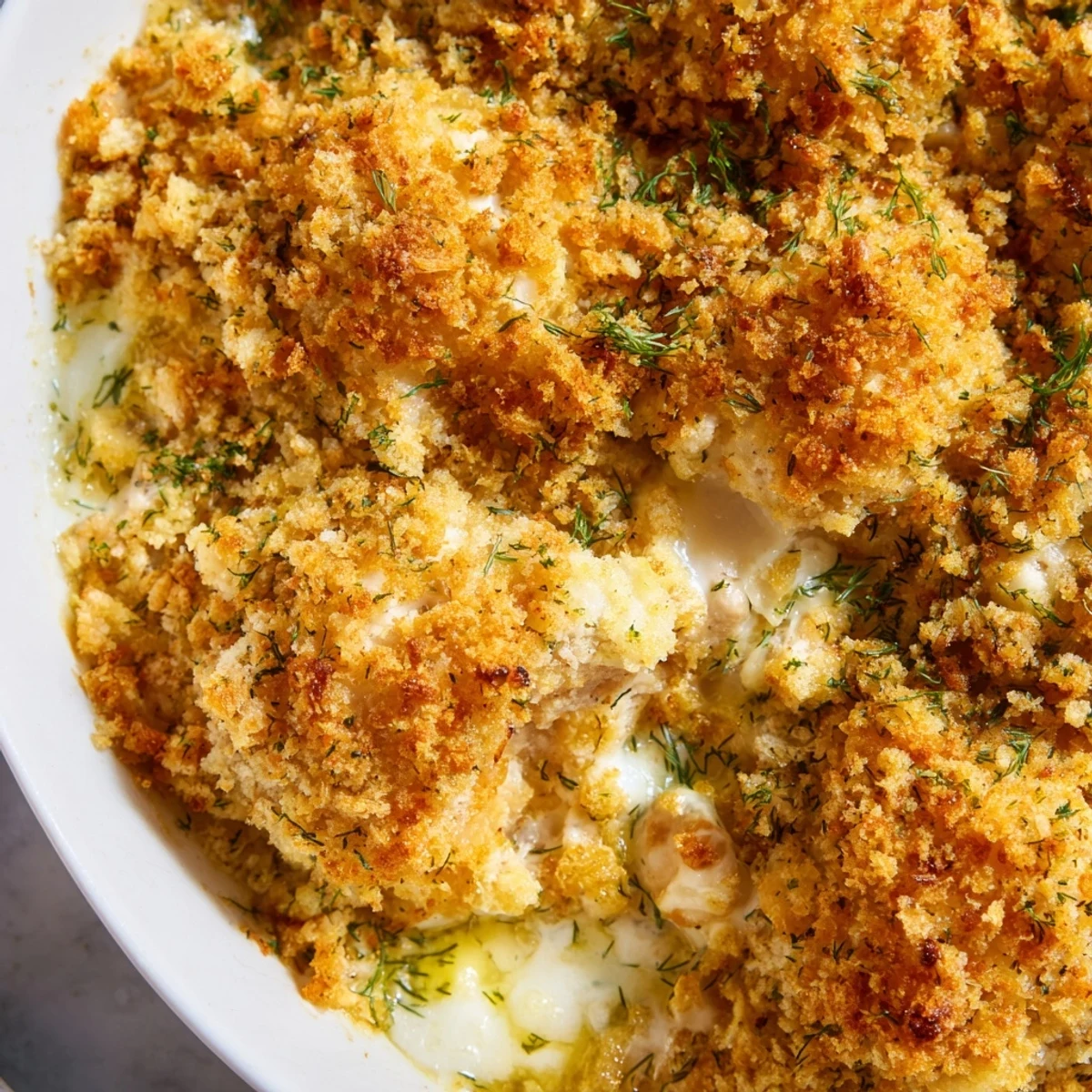 Creamy Chicken Kiev Casserole topped with crunchy panko breadcrumbs in a baking dish