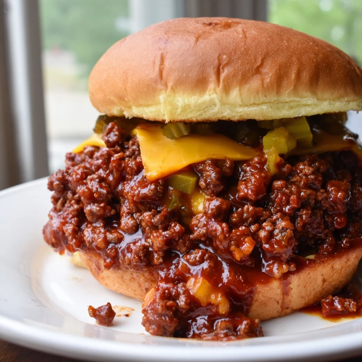 Juicy Smash Burger Sloppy Joes topped with pickles and dripping in tangy sauce