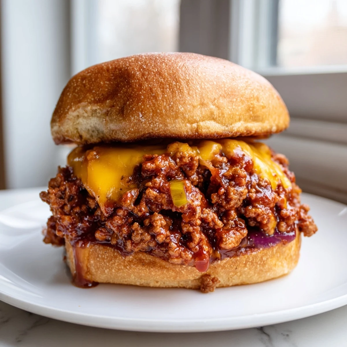 Smash Burger Sloppy Joes in a skillet with gooey melted cheese and toasted buns