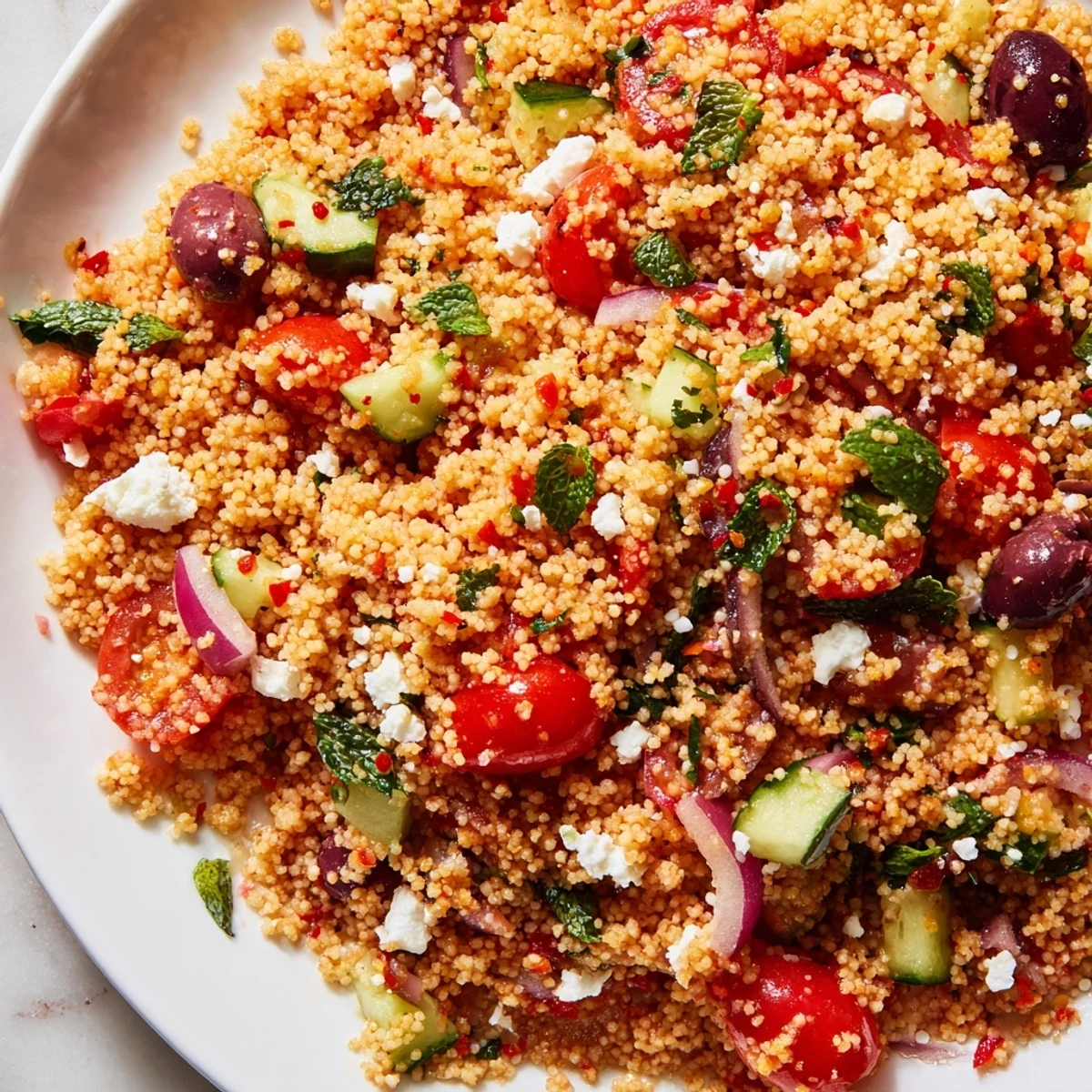 Mediterranean couscous salad tossed with colorful vegetables and crumbled feta cheese