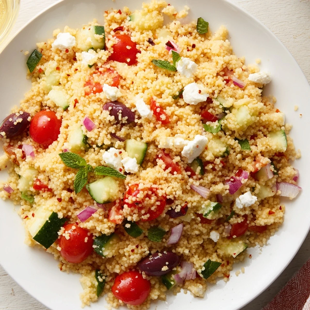 Fluffy Mediterranean couscous salad drizzled with spicy sweet hot honey lemon vinaigrette