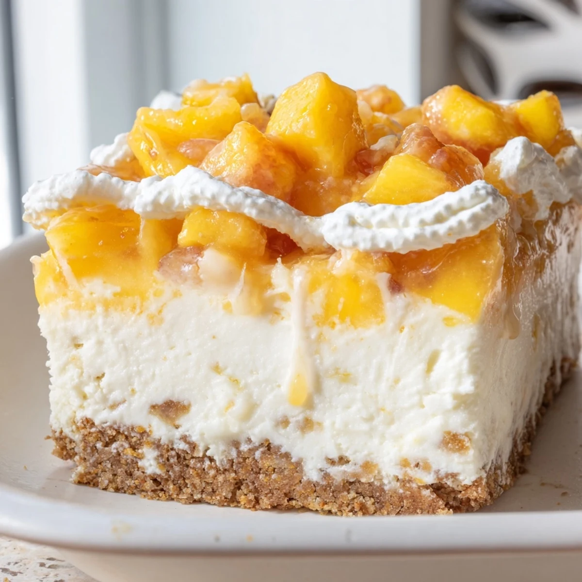 Golden Peaches And Cream Cheesecake Bars sliced neatly on a rustic wooden cutting board