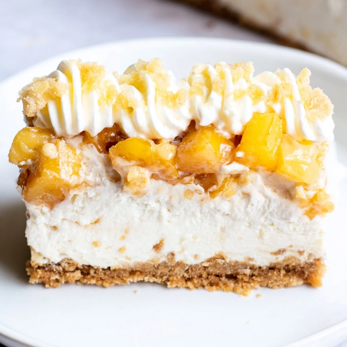 Creamy Peaches And Cream Cheesecake Bars topped with juicy peach chunks and whipped cream drizzle