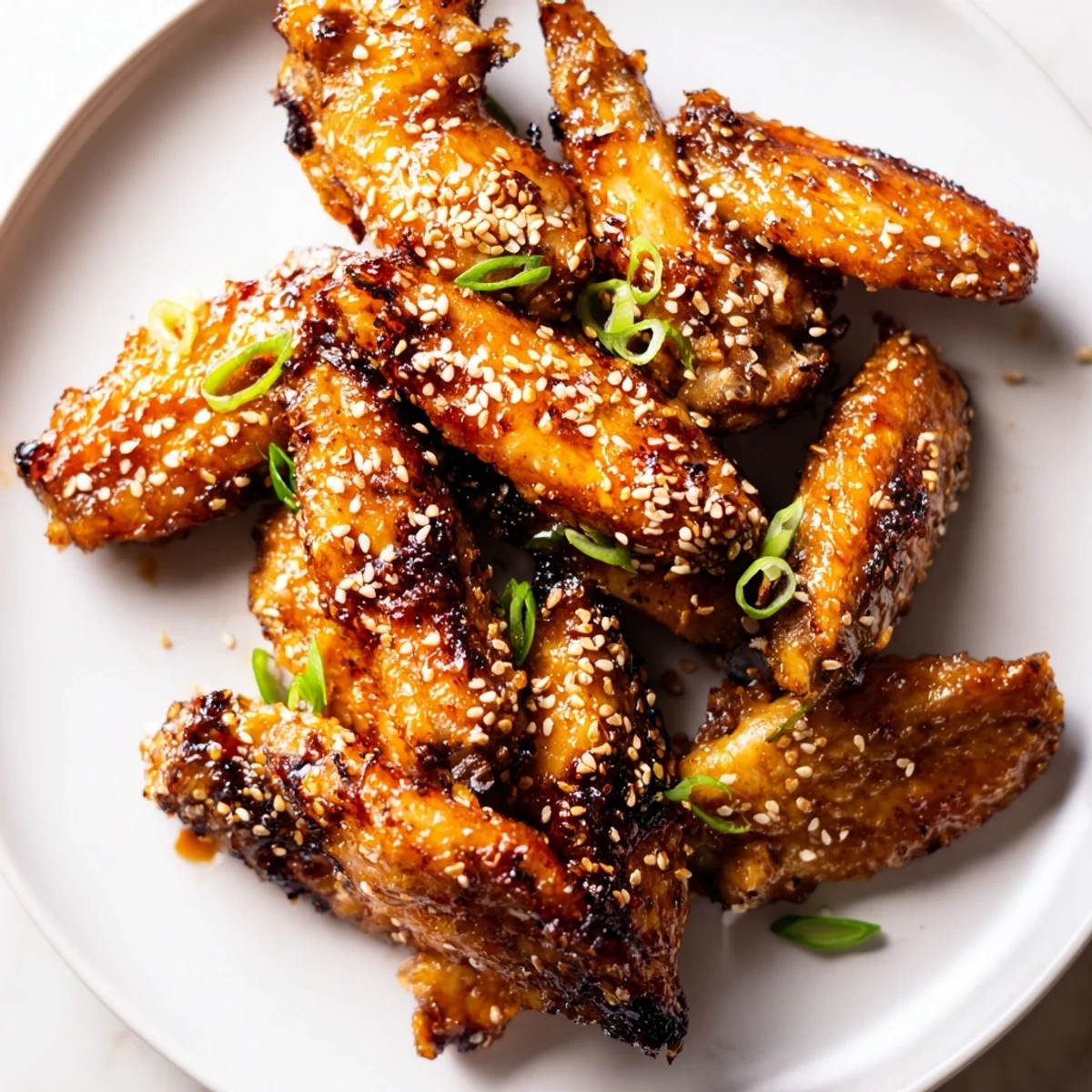 Crispy golden miso honey marinated chicken wings garnished with sesame seeds on a rustic platter