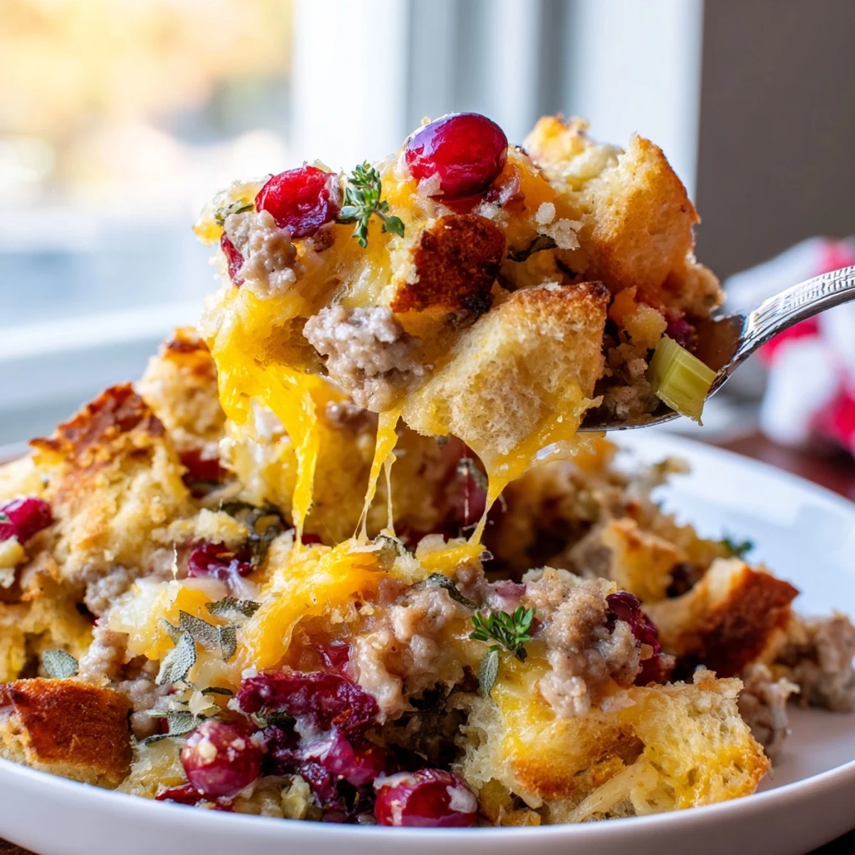 Golden baked cranberry sausage stuffing breakfast casserole with melted cheddar and fresh herbs