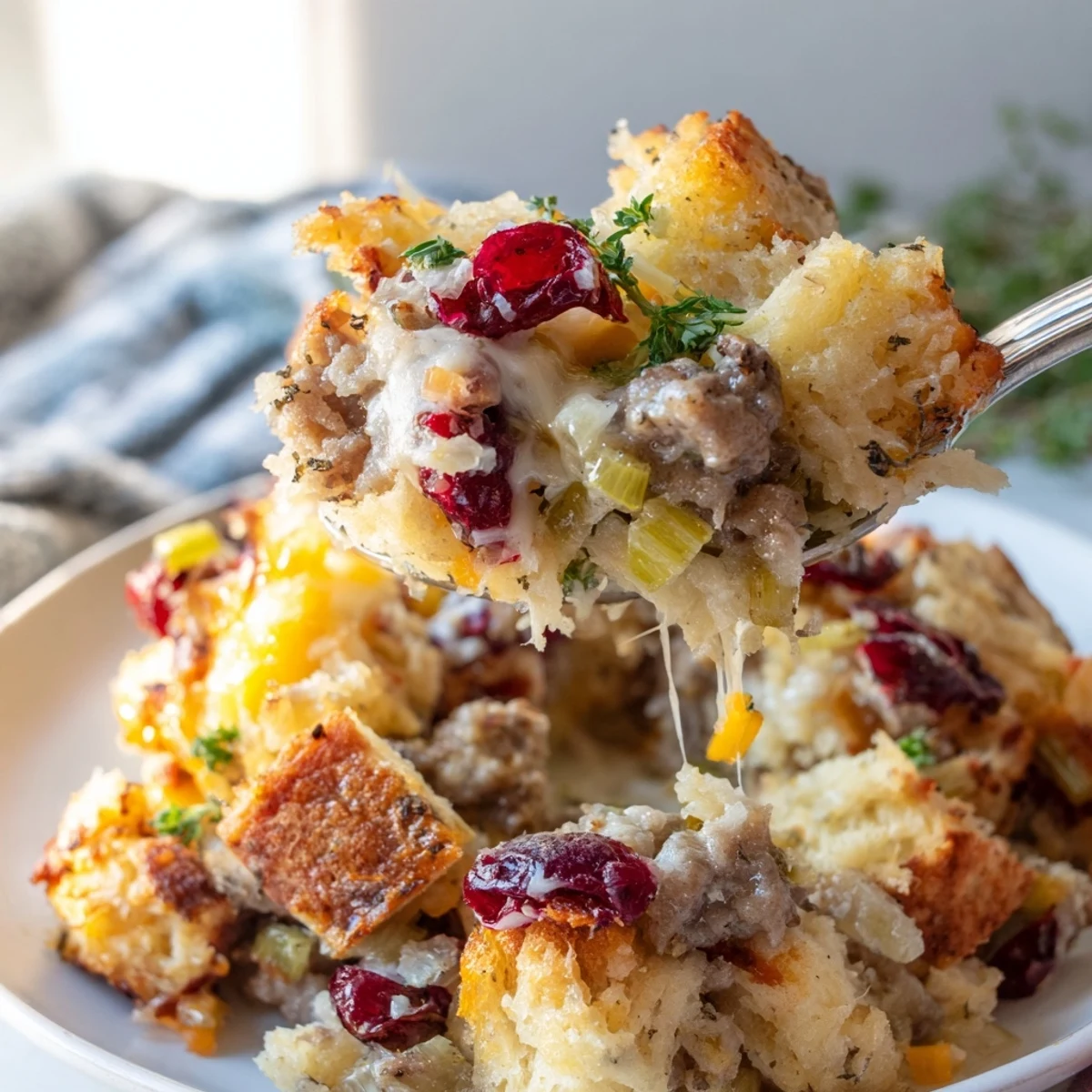 Steaming spoonful of cranberry sausage stuffing breakfast casserole topped with gooey sharp cheese