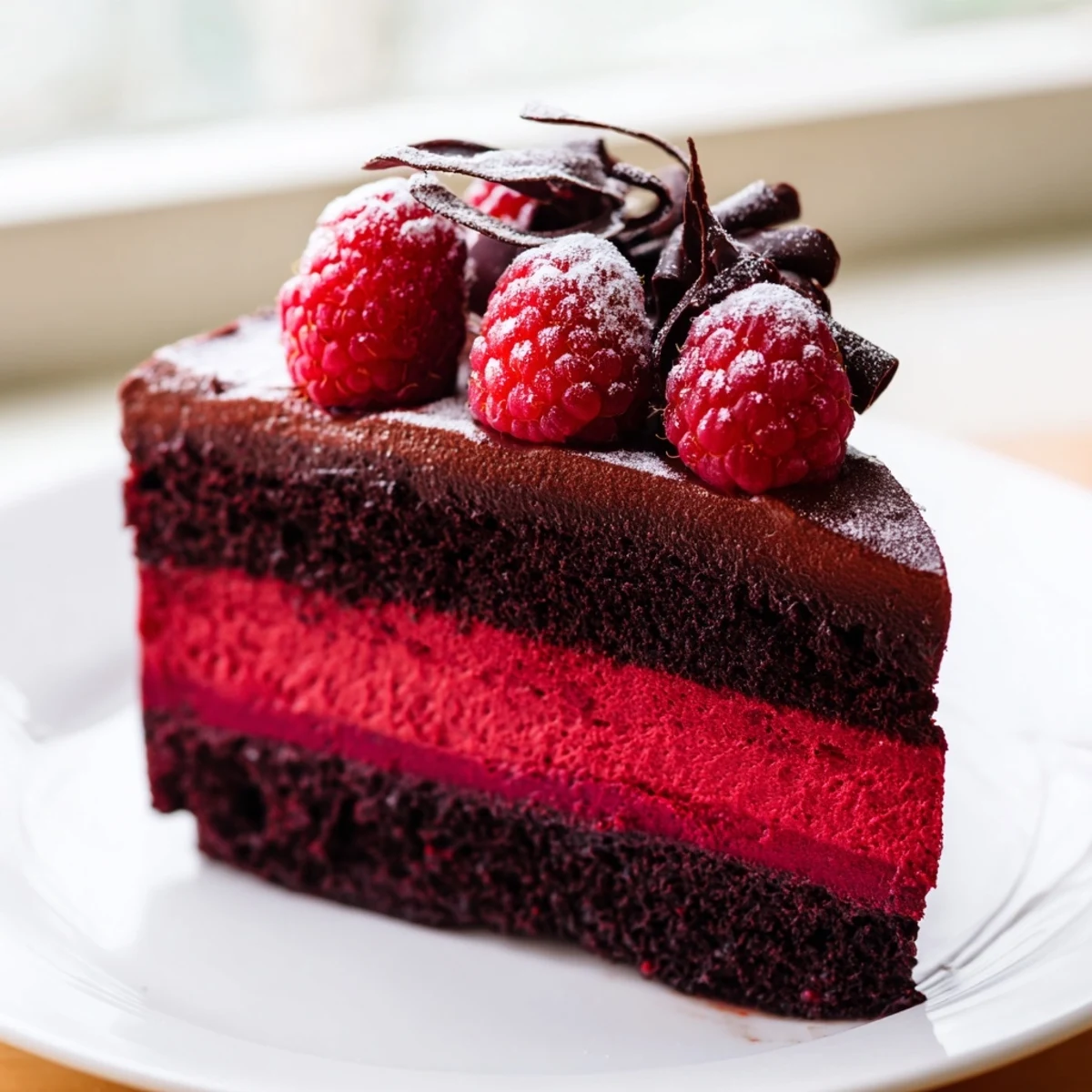 A glossy raspberry chocolate mousse cake slice topped with fresh berries and chocolate curls on a white dessert plate.